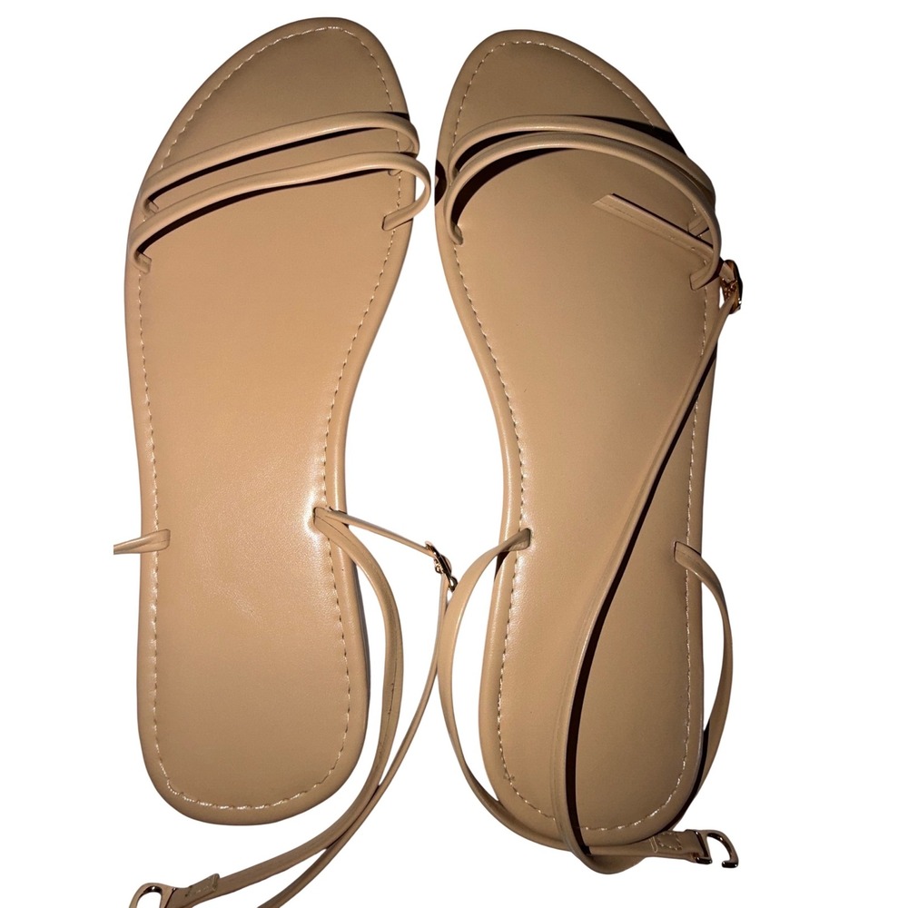 Tan Strappy Flat Sandals Minimalist Ankle Strap Summer Shoes Beige Size 39 NEW
